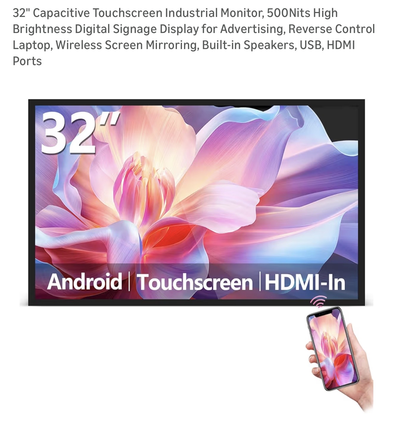 32" Capacitive Touchscreen Industrial Monitor, 500Nits High Brightness Digital Signage Display for Advertising, Reverse Control Laptop, Wireless Screen Mirroring, Built-in Speakers, USB, HDMI Ports